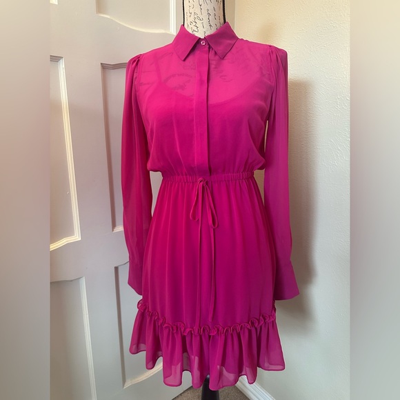 Bar III Pink Chiffon Long Sleeve Ruffle Dress with Slip Size XS - Picture 1 of 6